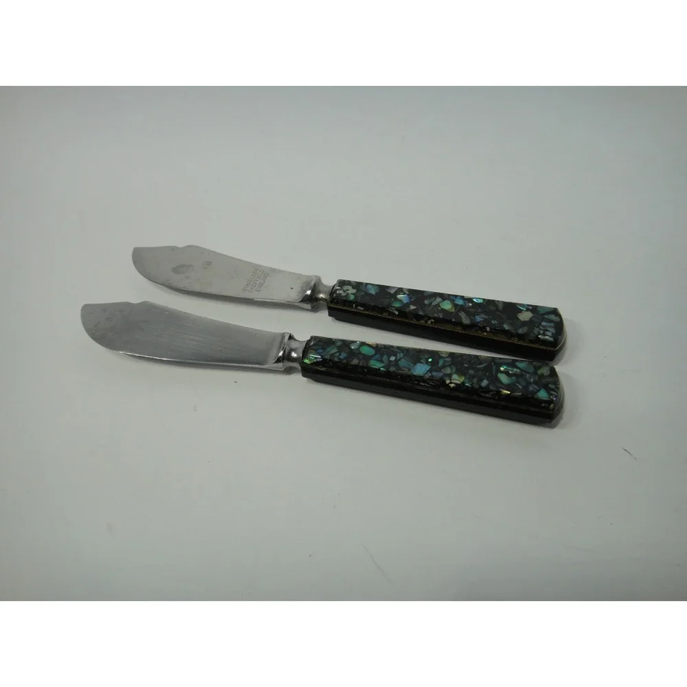 Vintage Sheffield England Abalone Shell Mosaic Butter Knife Spreader Set of 2